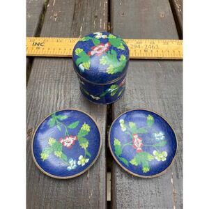 Vintage Chinese Cloisonne Enamel Trinket Box and Mini Dish Set Blue Floral 3pc